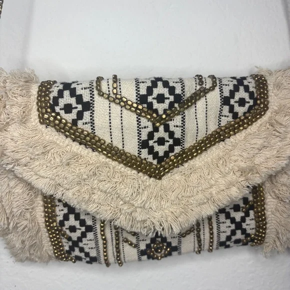 Antik Kraft Boho Beaded Fringe Black and Cream Crossbody Clutch - Picture 4 of 10